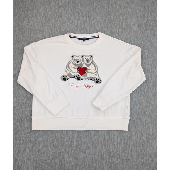 Tommy Hilfiger Sweatshirt Womens Medium Polar Bear Heart Crewneck Pullover Cute - Picture 1 of 13